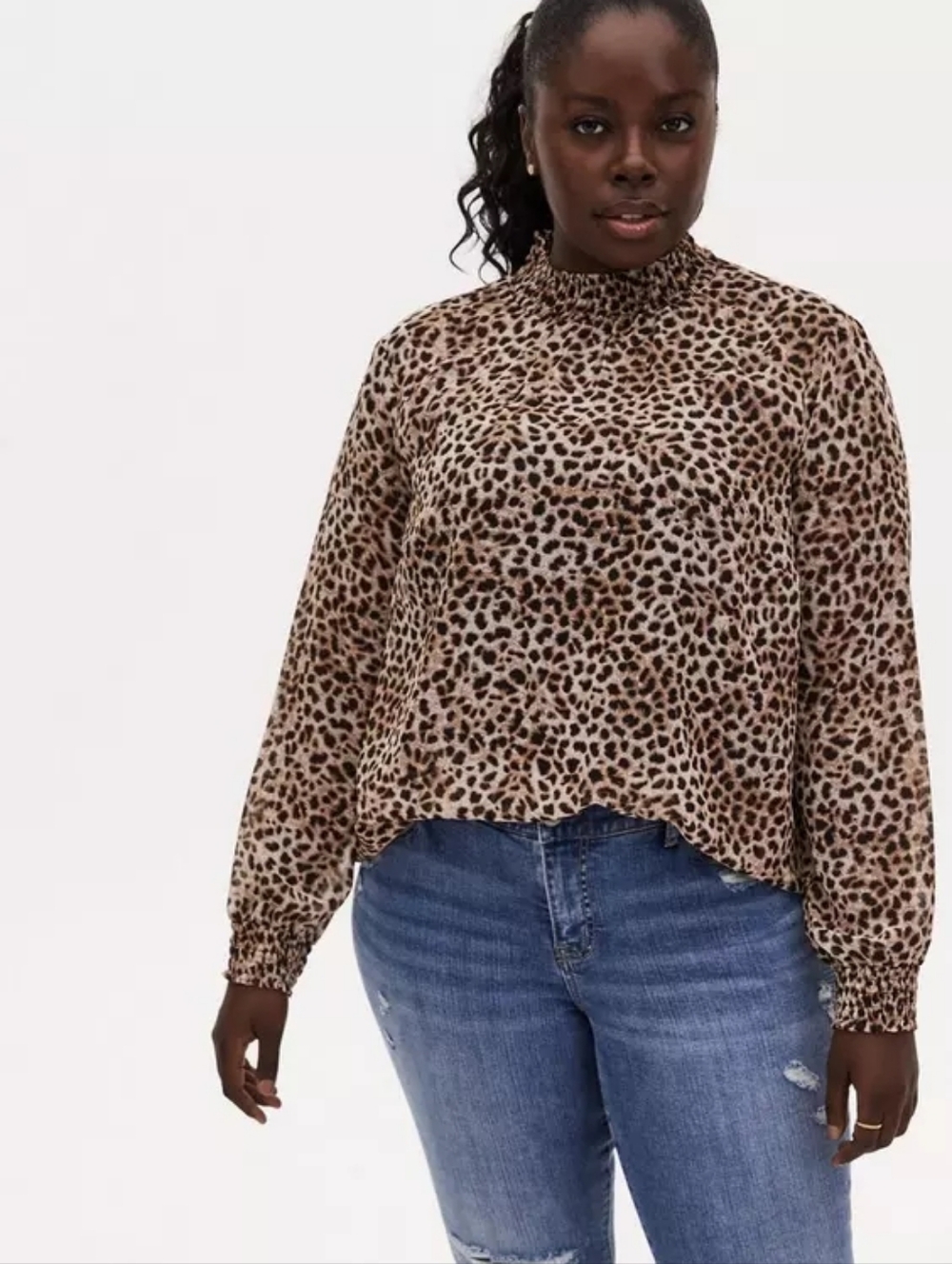 Torrid Chiffon Leopard Smocked Mock Neck Blouse 0X